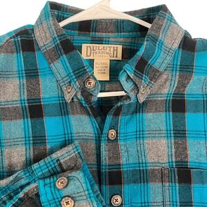 Duluth Trading Co Mens XL Tall Flannel Shirt Teal Grey Plaid Button Down Cotton